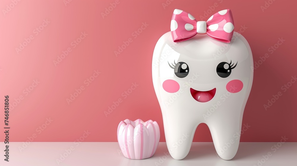 Poster adorable 3d cartoon tooth character on pastel color background with space for text placement
