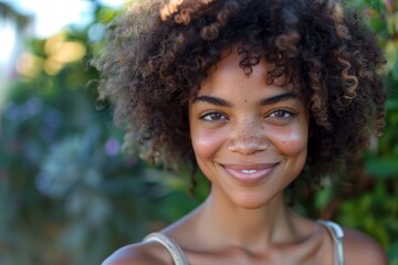 Smiling girl with healthy skin looking at camera African American woman with nude shoulder and copy space Natural beauty with curly hair
