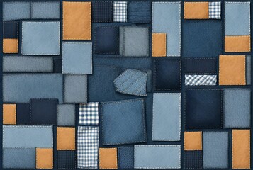 Patchwork background with blue, beige leather pieces and blue plaid fabric 