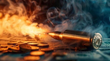 bullet fired from a gun with fire behind at high speed with fire on top of real dollars - obrazy, fototapety, plakaty