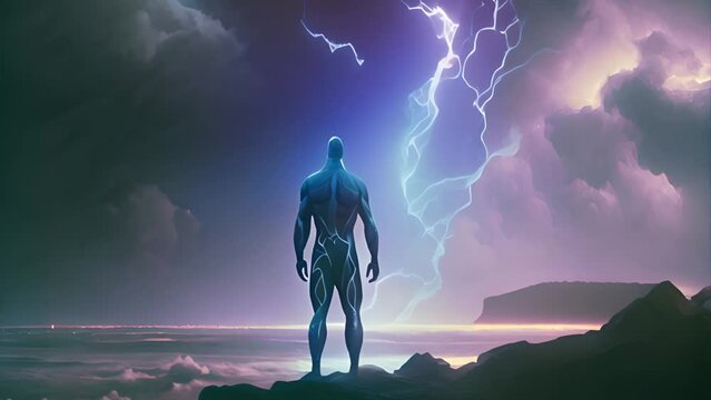 Spiritual person with aura Healing energy standing near the ocean. Aura around man with healing power energy theta waves. sci-fi concept showing a male recovering energy. Man with aura and soul
