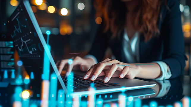 Closeup of hands of businesswoman working on stock investment on laptop