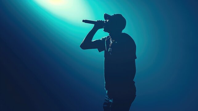 Silhouette of rap singer performing on stage. Bright blue background with hip hop artist performing on concert in night club