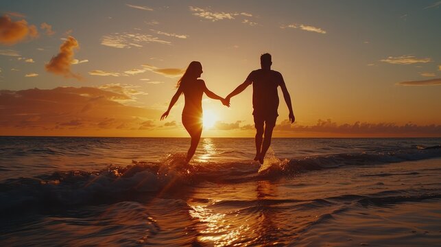 Silhouette of happy young couple in love together holding hands and running along seashore at sunset, copy space. Romance, relationship, date, valentine's day concept