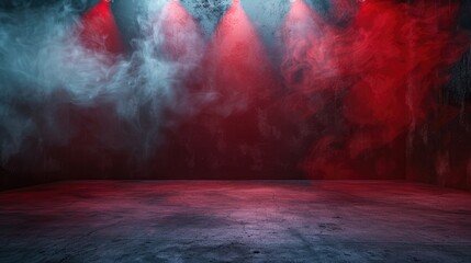 Fototapeta premium The dark stage shows, dark red background, an empty dark scene, neon light, and spotlights The concrete floor and studio room with smoke float up the interior texture for display products