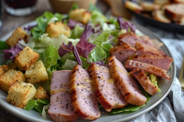 Spam slices with mustard and a salad of fresh garden greens with croutons