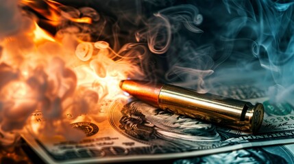 bullet fired from a gun with fire behind at high speed with fire on top of real dollars. concept of weapons, dirty, illegal money in high resolution and high quality