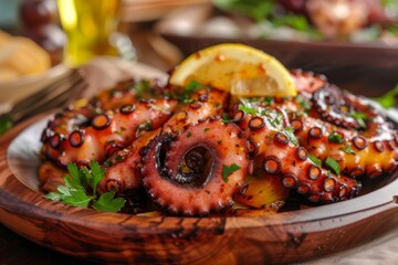 Spanish regional dish octopus with paprika on wood - obrazy, fototapety, plakaty
