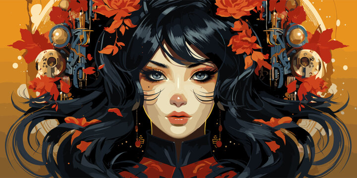 Portraits of a samurai devil girl. Retro anime style illustration vector flat bright colors