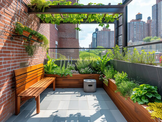 Contemporary balcony garden with brick walls, a wooden bench, and a variety of plants creates a stylish and vibrant outdoor space.