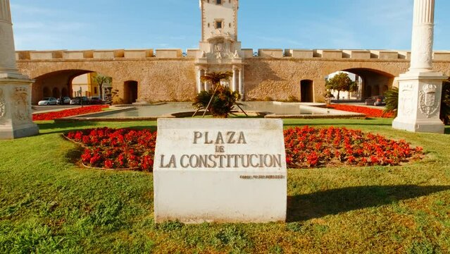 The Plaza de la Constitucion in Cadiz, Andalucia, Spain, a vibrant square at the heart of the city, surrounded by historic buildings