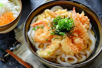 Sweet potato tempura and udon in Japanese cuisine perfect for a gourmet lunch picture - obrazy, fototapety, plakaty