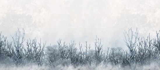A painting depicting trees shrouded in mist within a winter forest. The fog creates a sense of mystery and intimacy as the trees loom through the haze.