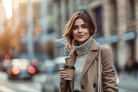 Successful business woman carrying coffee on her way to office