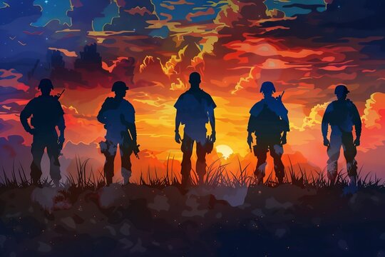 Sunset sky with six military silhouettes