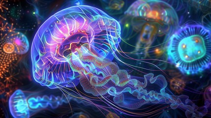 Enchanting Dance Ocean Jellyfish, vibrant colors ethereal patterns creating harmonious display