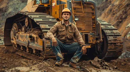 Rolgordijnen Miner concept standing in front of bulldozer © Chaonchai