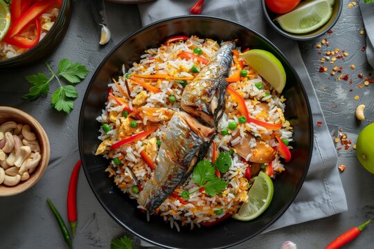 Thai style fusion food with canned mackerel served over fried rice From a top perspective