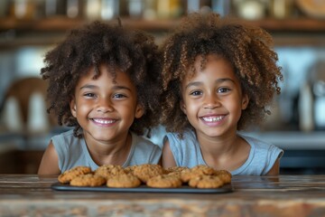 Two happy African American sisters sitting at a table enjoying cookies together.