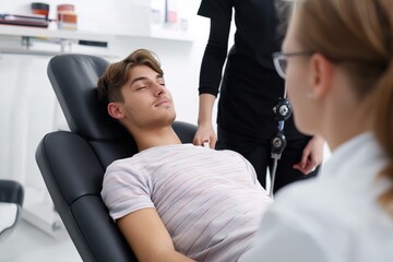 A man is laying down in a chair as a woman stands behind him in a clinical setting.