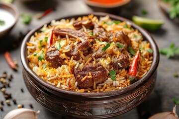 Detailed view of a bowl of authentic Hyderabadi Lamb Dum Biryani on a table.