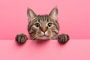 A cat peeking out from behind a pink wall in a curious manner.