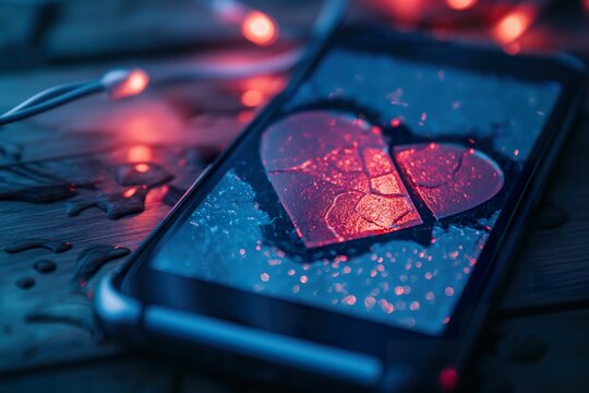 A close-up photo showing a broken cell phone with a pixelated broken heart on its screen, placed on top of a wooden table.