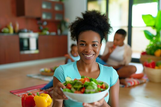 African American woman holding a bowl of salad in a domestic kitchen.