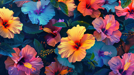 Poster design shows lots of vibrant hibiscus in various colors. In the style of pattern-based painting. 