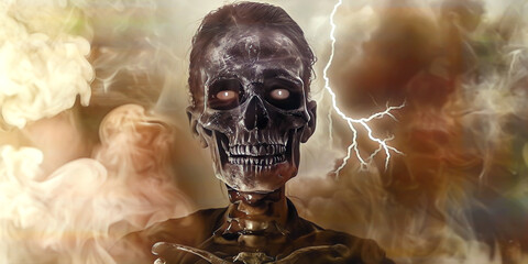 Human skull on a cloudy background, ai generated.