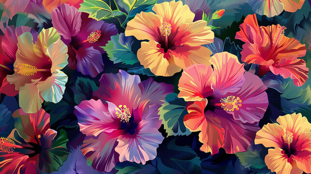 Poster design shows lots of vibrant hibiscus in various colors. In the style of pattern-based painting. 