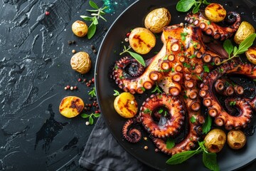 Top view of grilled octopus and small potatoes with space for text and seasoned with herbs and spices