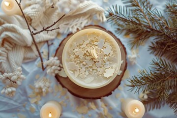 Top view of handmade candles made with organic soy and bee wax flakes reflecting a DIY hobby concept