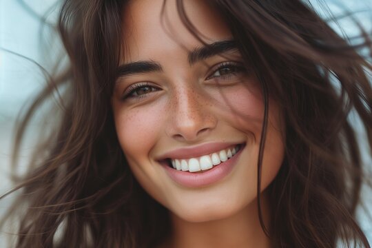 Closeup portrait of young woman with stunning smile and messy hair