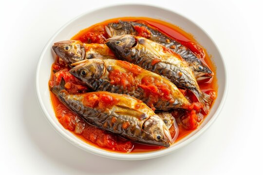 Top view of isolated fish in tomato sauce fried herring sprat fillet canned mackerel saury in red sauce on white background