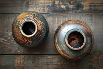 Top view of two ceramic potters - obrazy, fototapety, plakaty