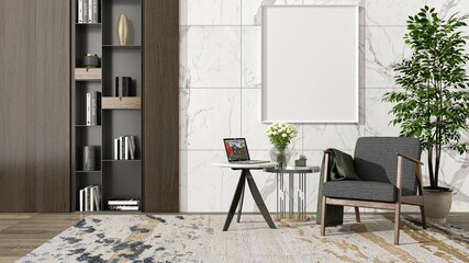interior design with arm chair and wall unit