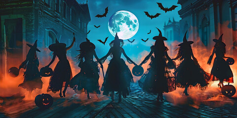  Witches walking down a street holding jack o lanterns, ai generated.