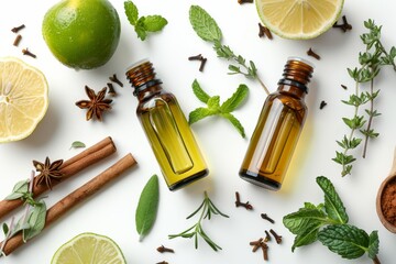 Two essential oil bottles with various herbs and fruits on white background peppermint lime lemon melissa thyme rosemary cinnamon clove thuja - obrazy, fototapety, plakaty