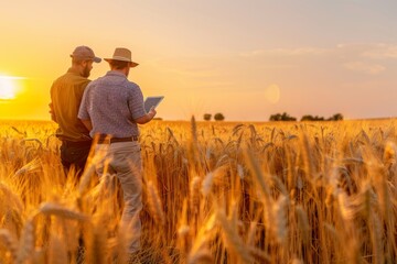 Naklejka na ściany i meble Two farmers at sunset in a wheat field with a tablet inspecting crops