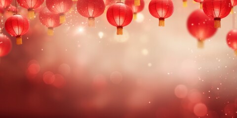 Chinese lanterns on red background with bokeh effect.