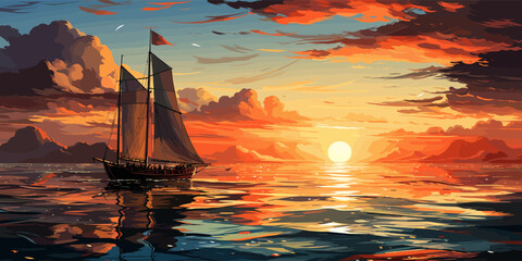 sailboat in the sea with the evening sunlight, digital art style, illustration painting - obrazy, fototapety, plakaty