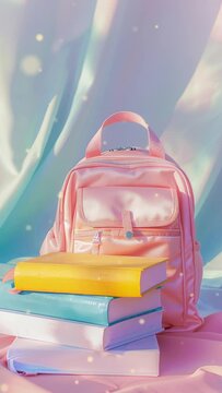 Vertical video back to school, education, childhood, primary school concept background. Back to school with bag and books.