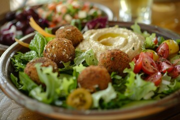Vegan concept love for healthy vegetarian food with falafel and hummus salad