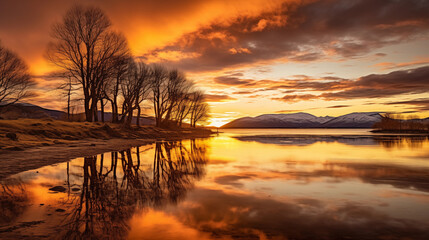 Fototapeta na wymiar Embracing Serenity: Twilight Over a Mountain-Enclosed Lake Against a Pastel Sky