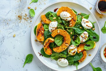 View from above of an easy and healthy recipe chargrilled pumpkin salad with mini mozzarella spinach pumpkin seeds and caramelized balsamic vinegar dressing on