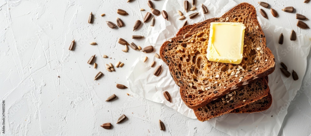 Canvas Prints A piece of fresh bread sits on a plain white background, topped generously with creamy butter and scattered sunflower seeds. The butter glistens in the light, adding richness to the simple snack.