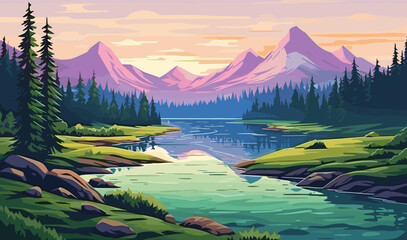 serene landscape beautiful scene evening lake colorful green lush summer mountains forest vector banner illustration - obrazy, fototapety, plakaty