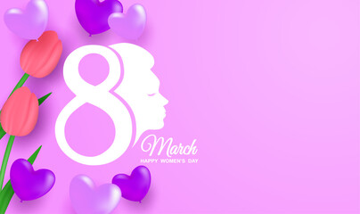 8 march. Happy Woman's Day.  Design with number on purple color background. Vector.