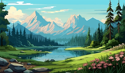 serene landscape beautiful scene evening lake colorful green lush summer mountains forest vector banner illustration
